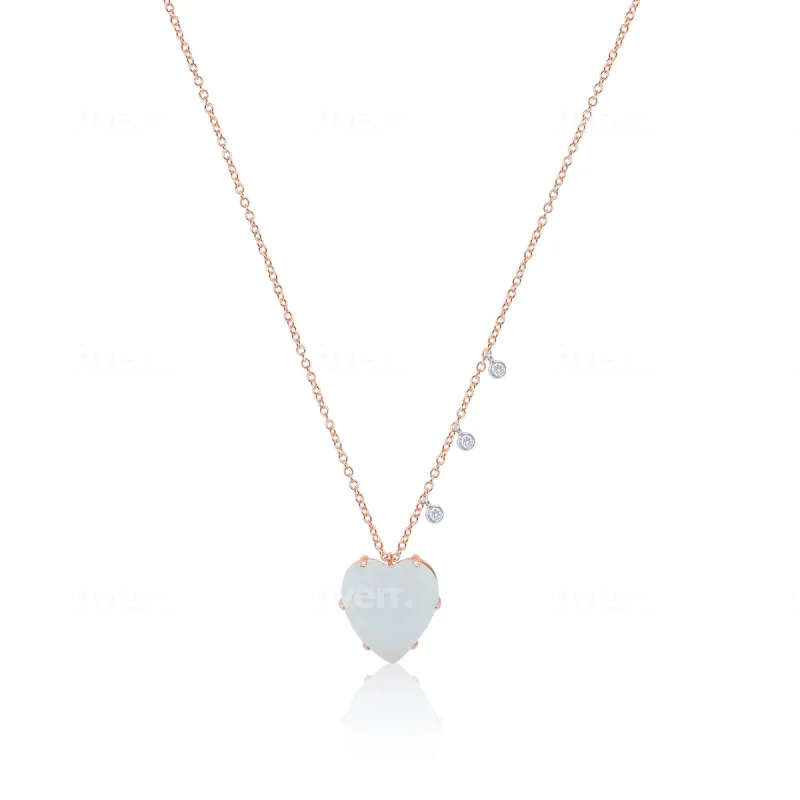 Rose Gold Milky Aqua Heart and Diamonds Necklace sold by Meira T