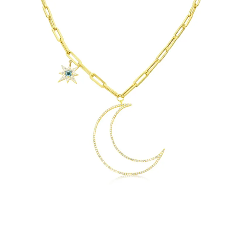 Paperclip Diamond Moon Necklace with Blue Topaz Diamond Starburst LAST ONE sold by Meira T