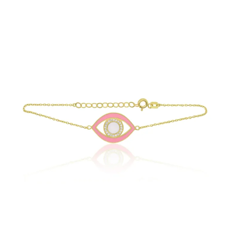 Yellow Gold Baby Pink Evil Eye Bracelet sold by Meira T