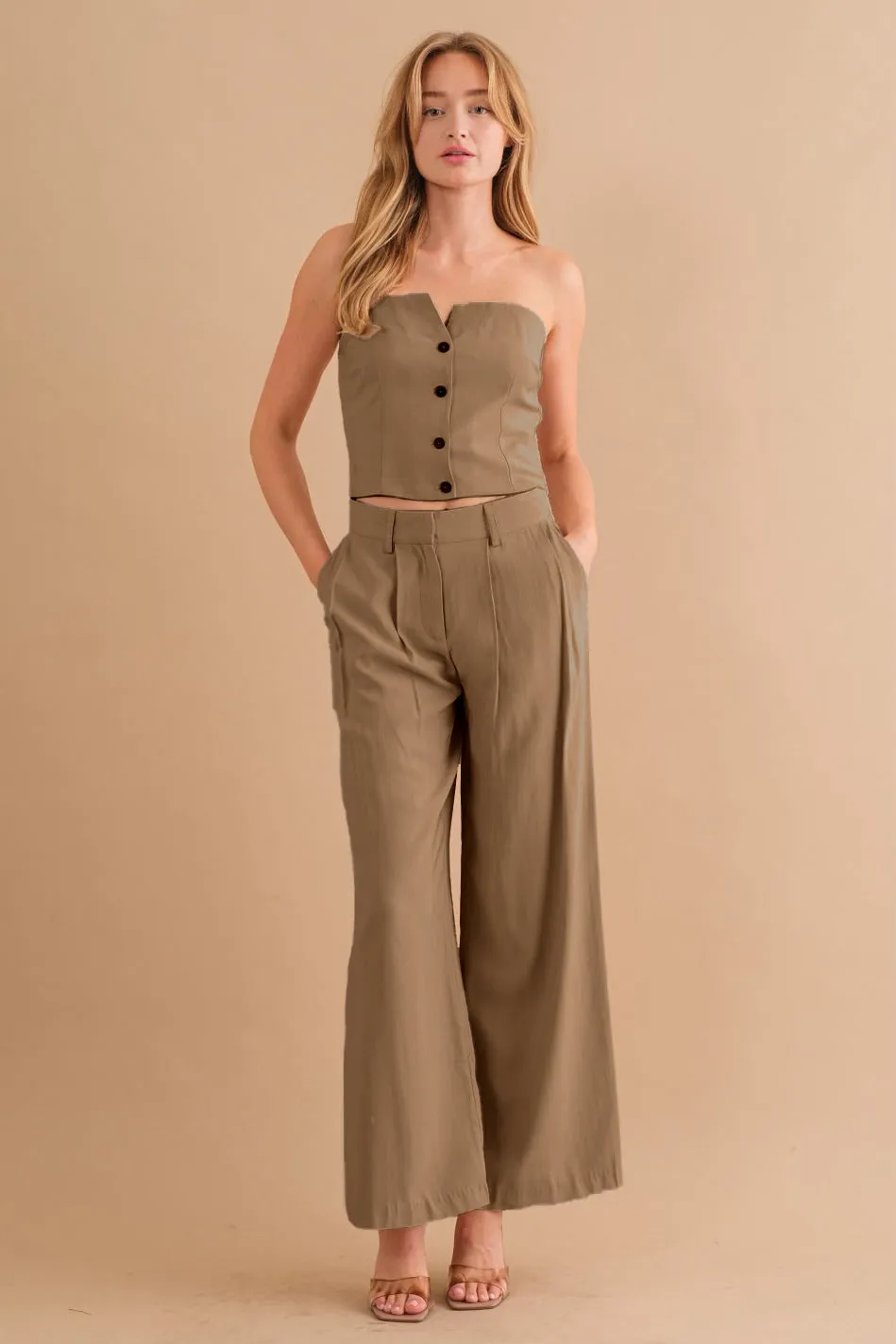 Two-Piece Strapless Top & Pant Set sold by Melie Bianco
