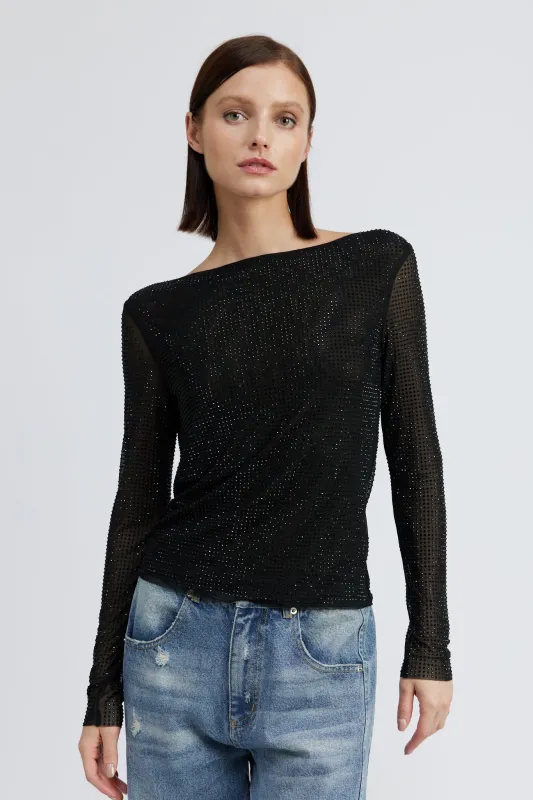 Rhinestone Deep Cowl Back Top sold by Melie Bianco
