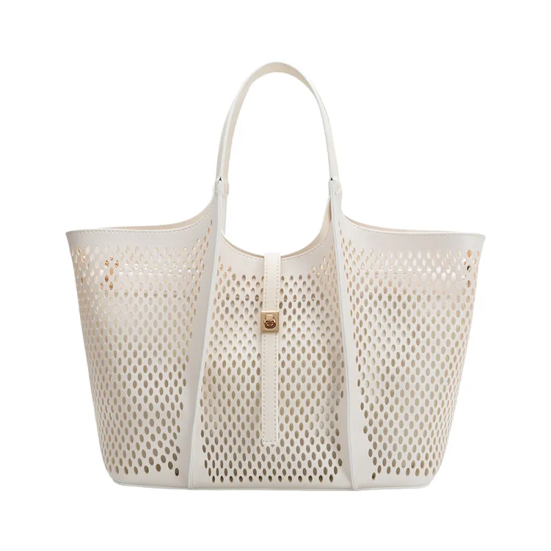 Malia Ivory Laser Cut Vegan Leather Tote Bag made by Melie Bianco