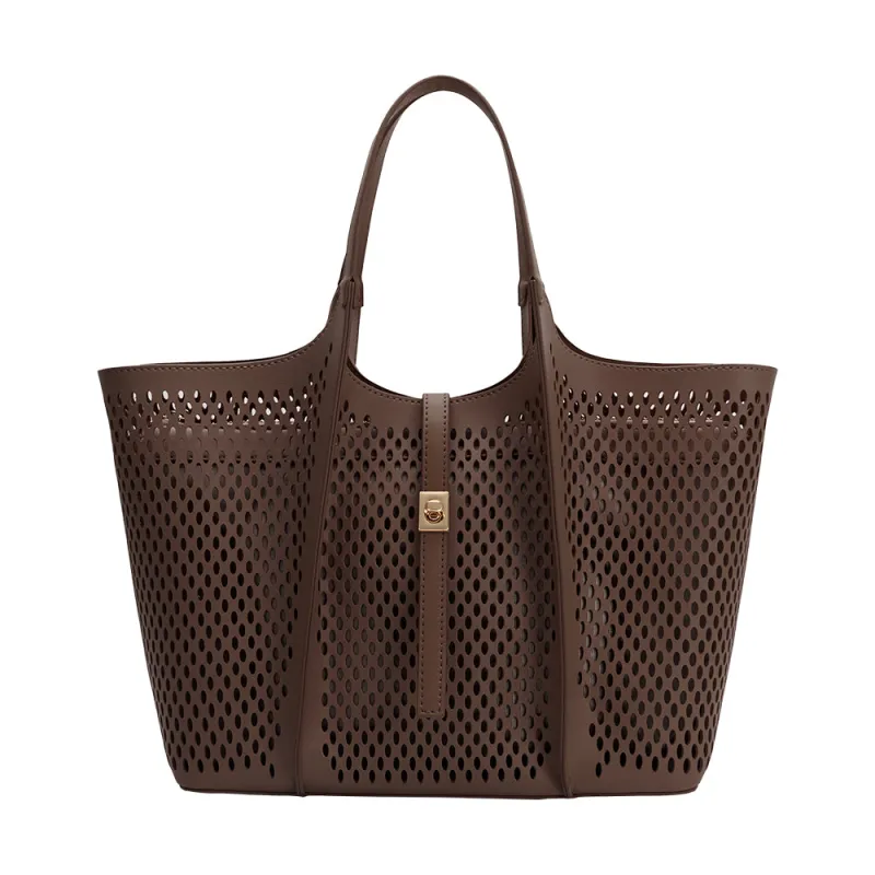 Malia Chocolate Laser Cut Vegan Leather Tote Bag made by Melie Bianco