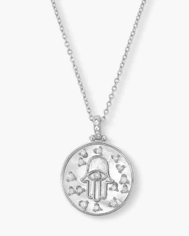 Hamsa Medallion Necklace - Silver|White Diamondettes sold by Melinda Maria