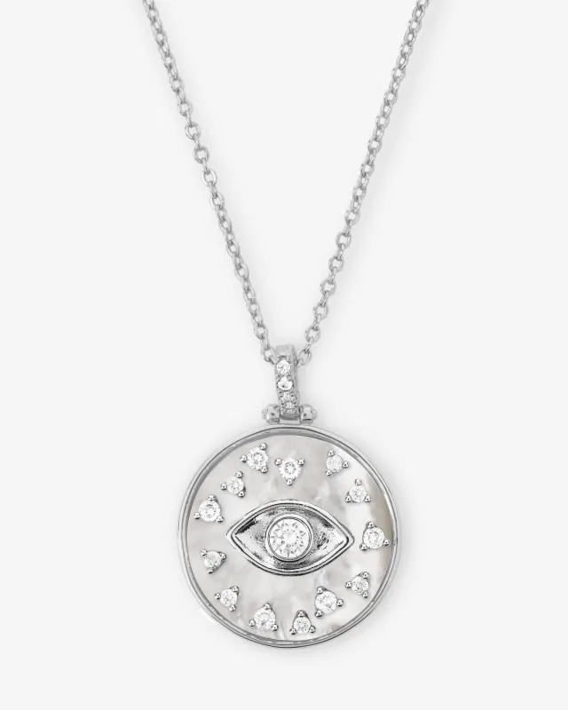 Evil Eye Medallion Necklace - Silver|White Diamondettes sold by Melinda Maria