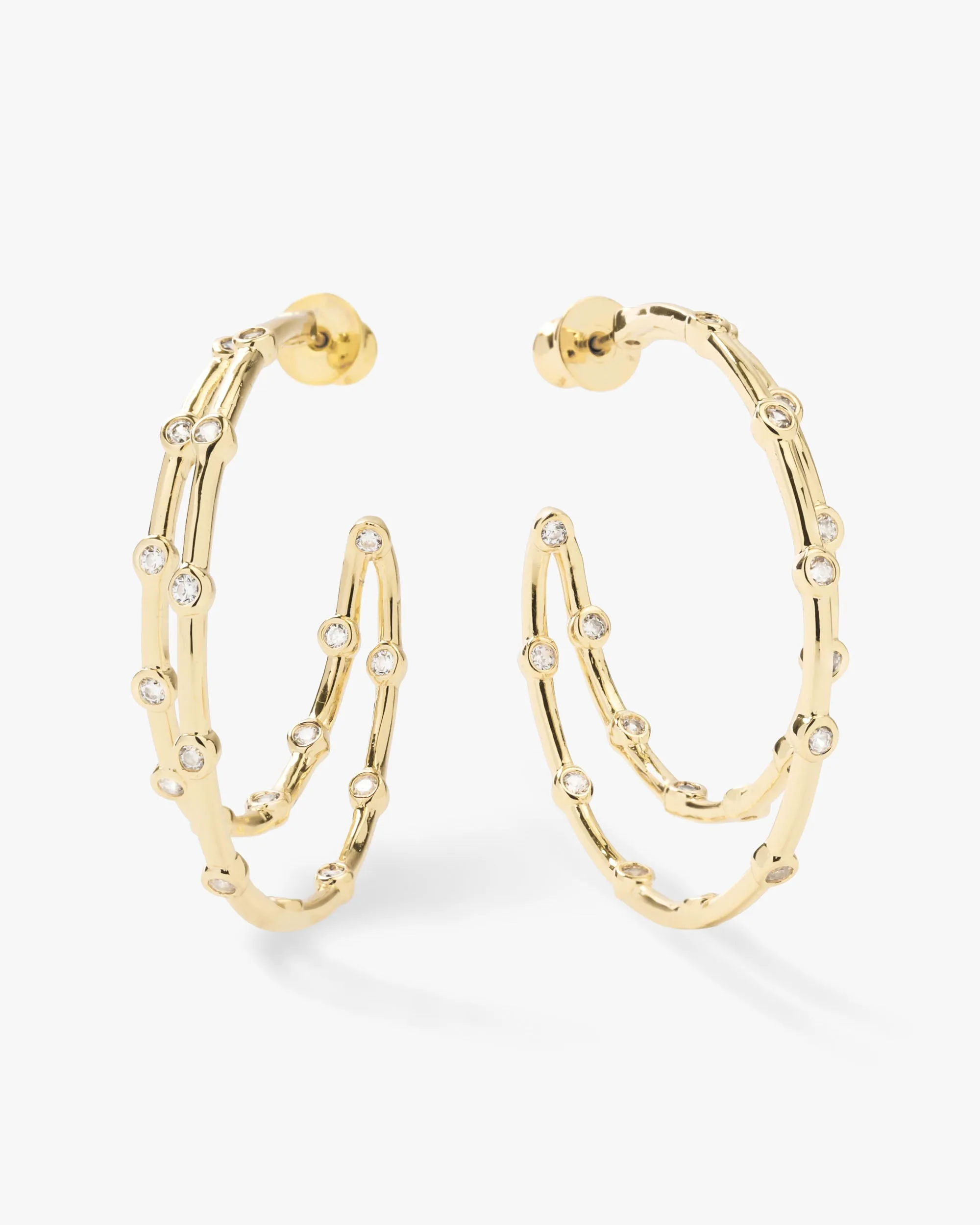 Big Ass Doubled Hoops 1.5" - Gold|White Diamondettes sold by Melinda Maria