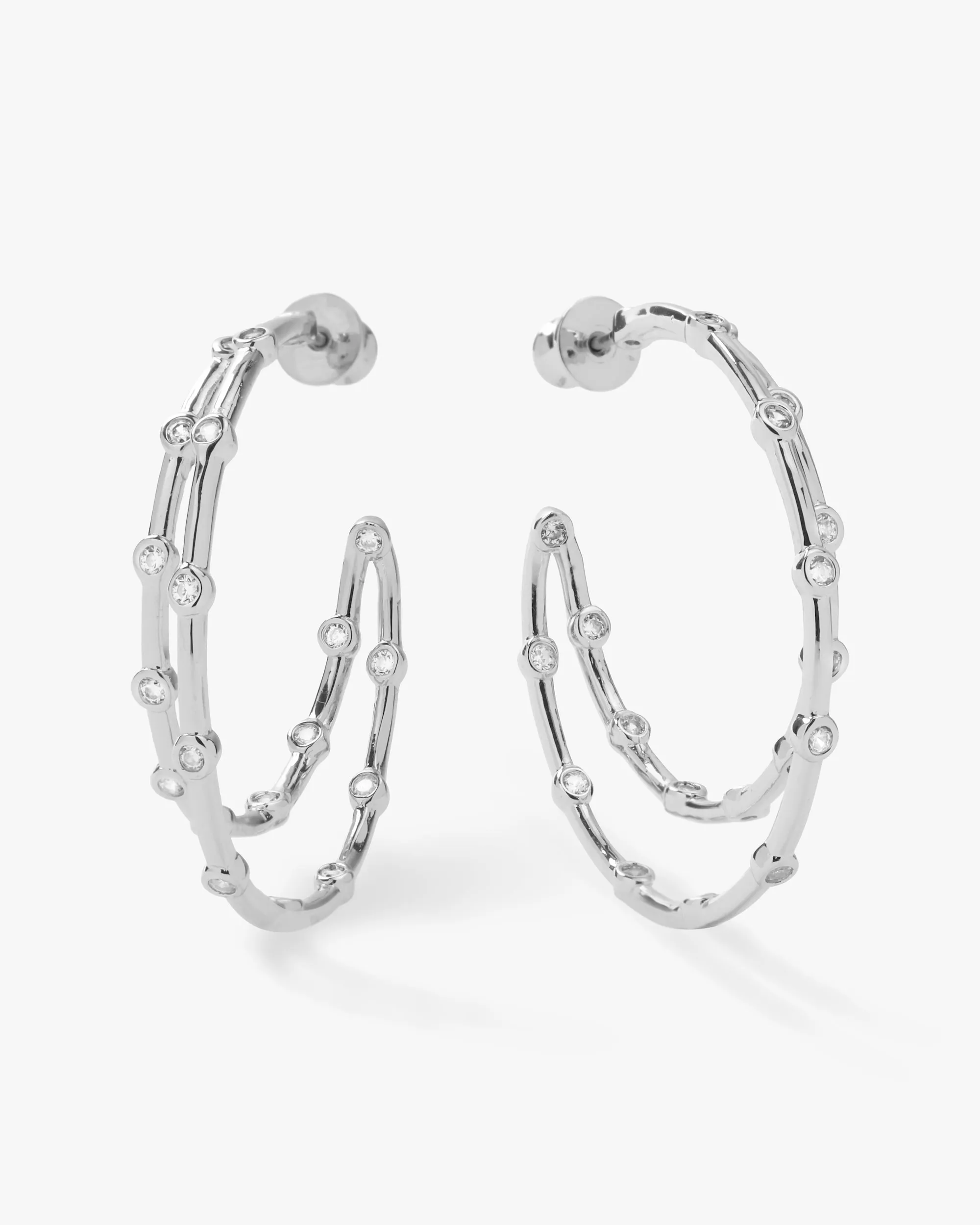 Big Ass Doubled Hoops 1.5" - Silver|White Diamondettes sold by Melinda Maria