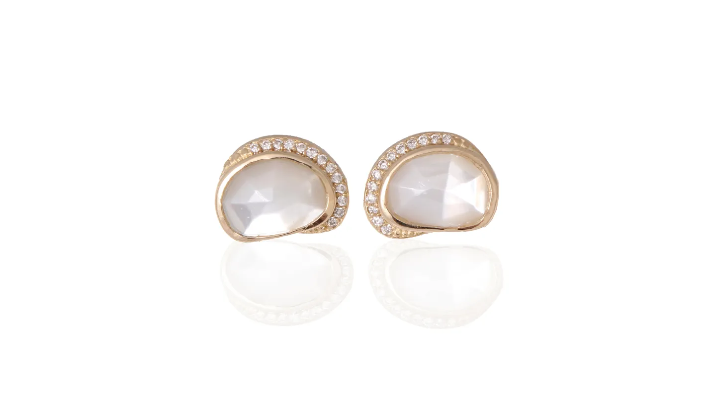 Mother of Pearl Diamond Crescent Moon Stud Earrings sold by Melissa Joy Manning