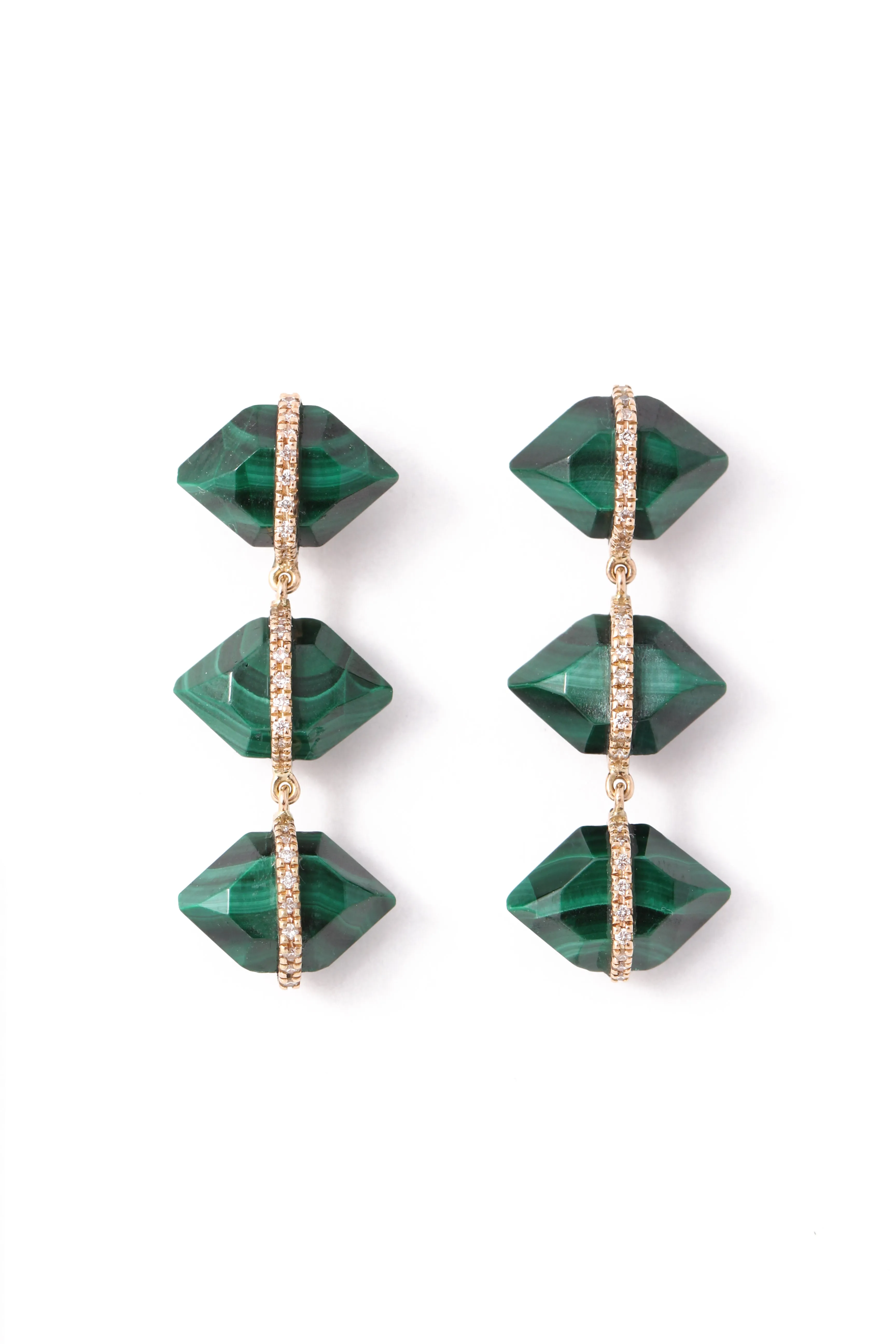Triple Drop Diamond Wrapped Herkimer Cut Malachite Stud Earrings sold by Melissa Joy Manning