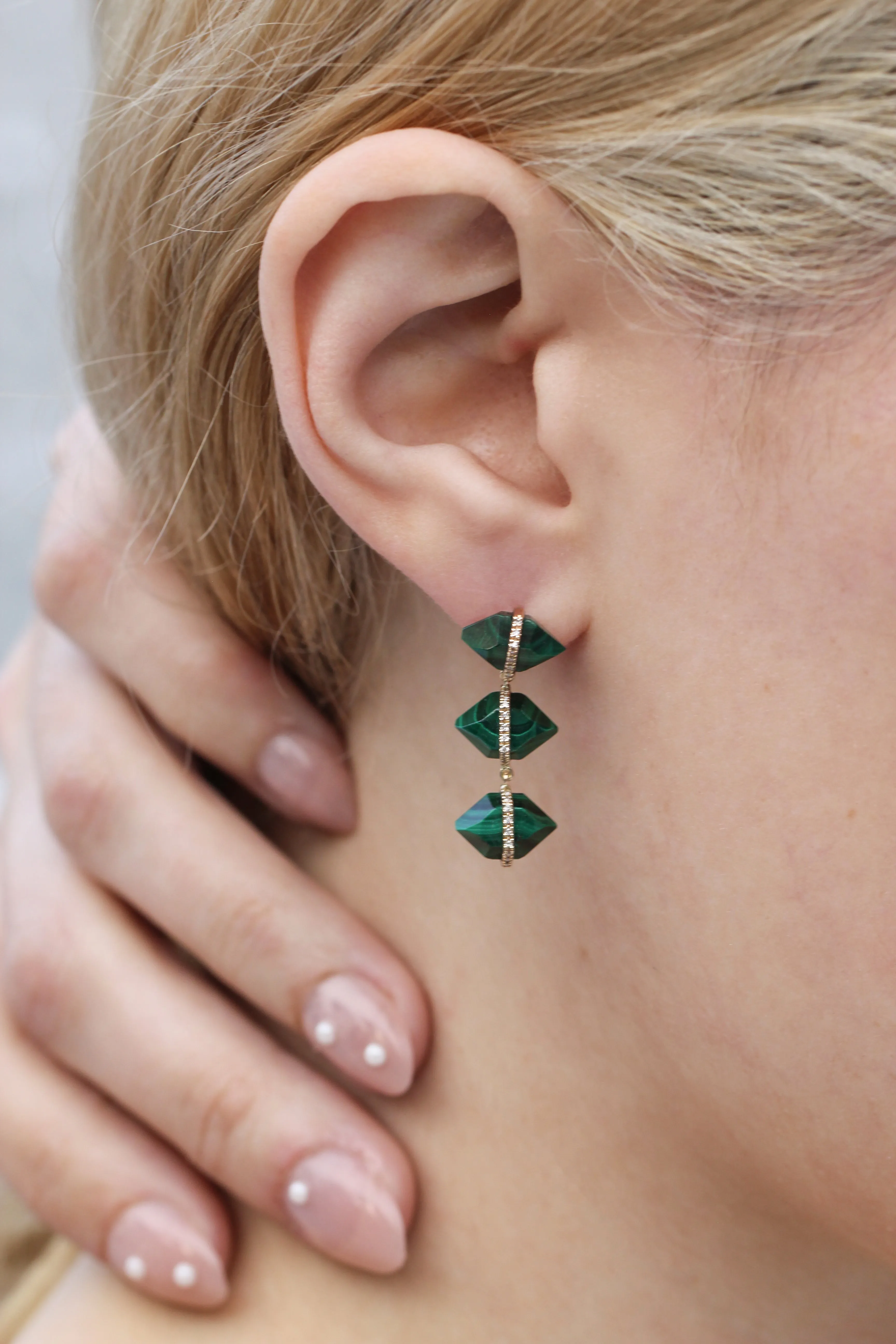 Triple Drop Diamond Wrapped Herkimer Cut Malachite Stud Earrings sold by Melissa Joy Manning product image thumbnail 2