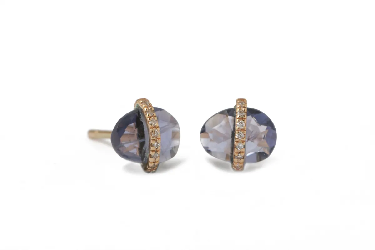Diamond Bezel Wrapped Iolite Stud Earrings sold by Melissa Joy Manning