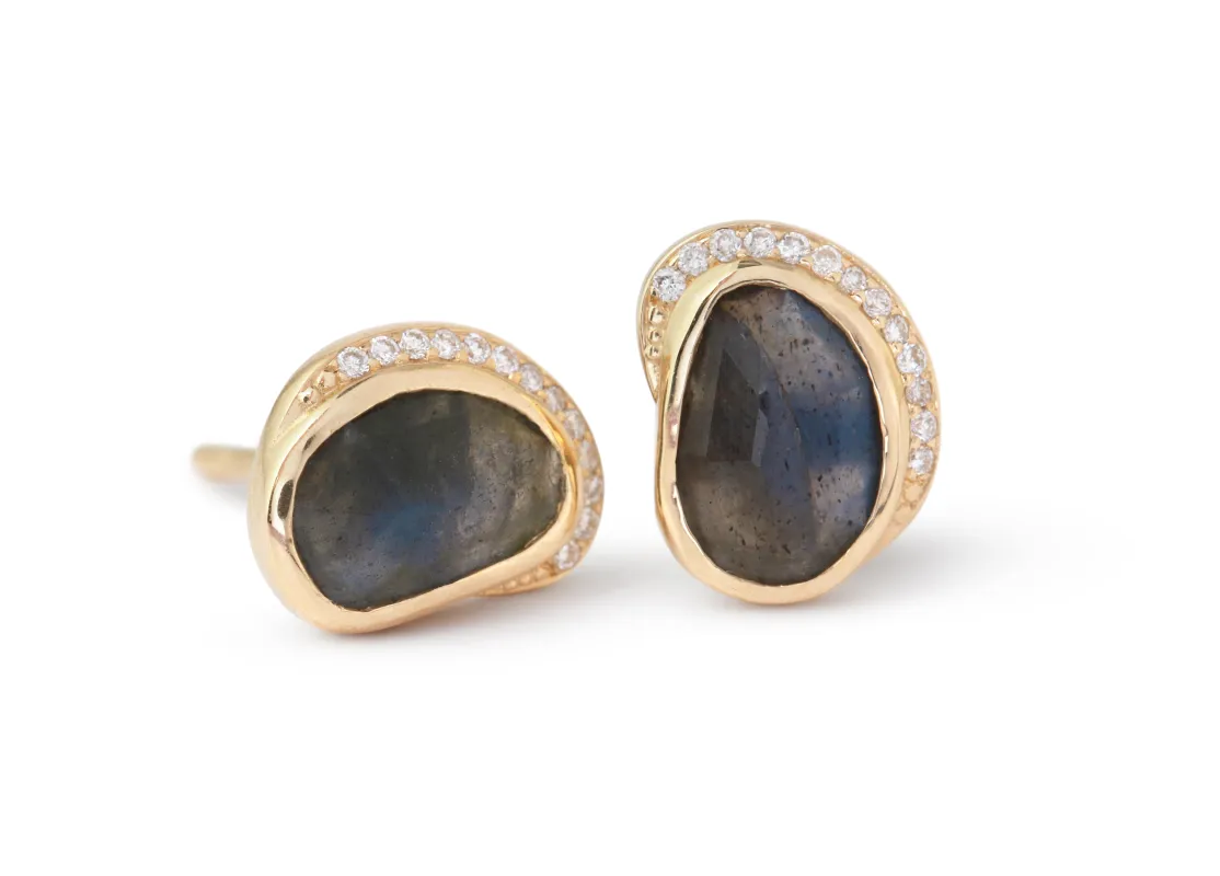 Labradorite Diamond Crescent Moon Stud Earrings sold by Melissa Joy Manning