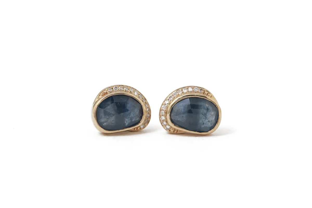 Blue Sapphire Diamond Crescent Moon Stud Earrings sold by Melissa Joy Manning