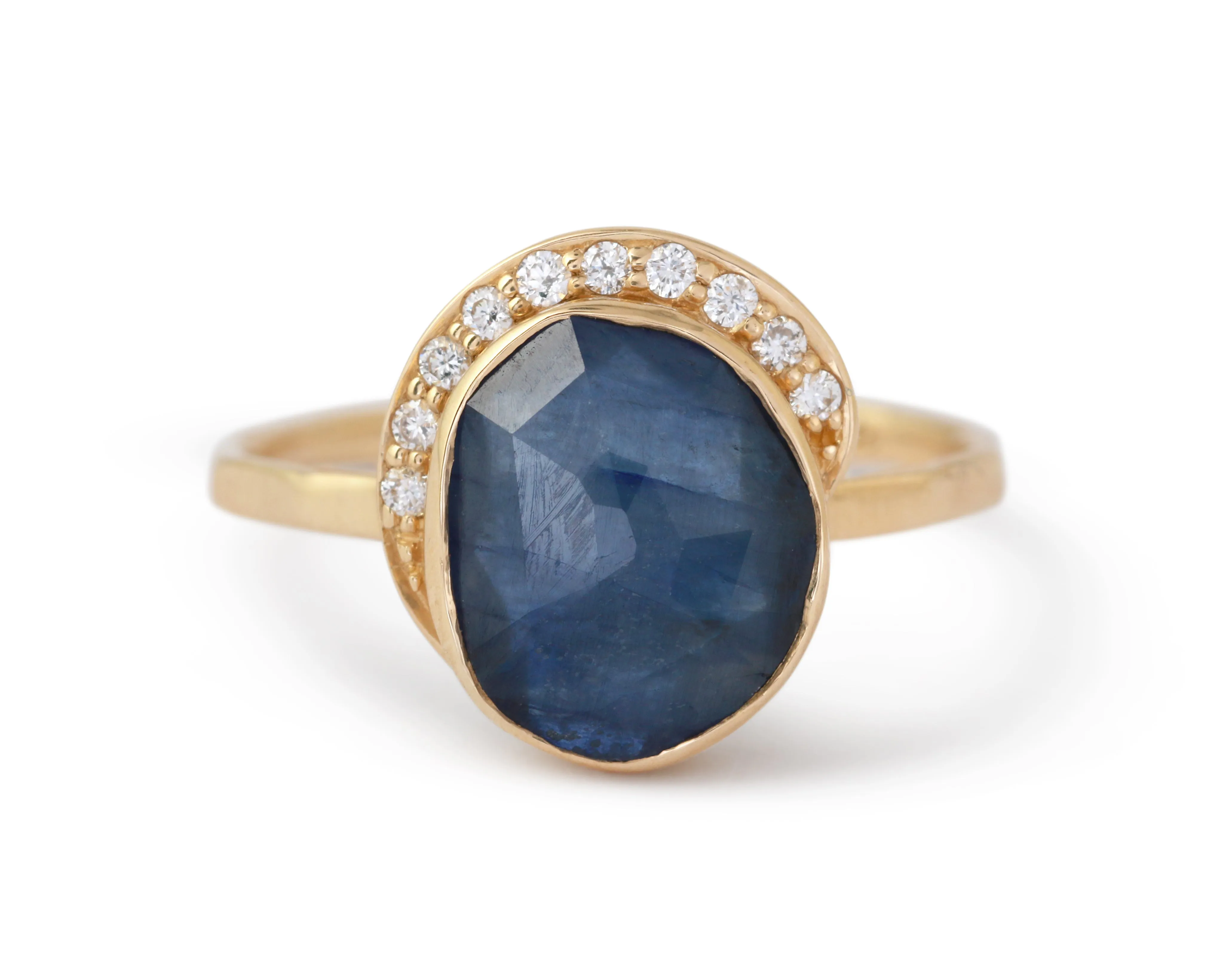 Freeform Blue Sapphire Diamond Crescent Moon Ring sold by Melissa Joy Manning