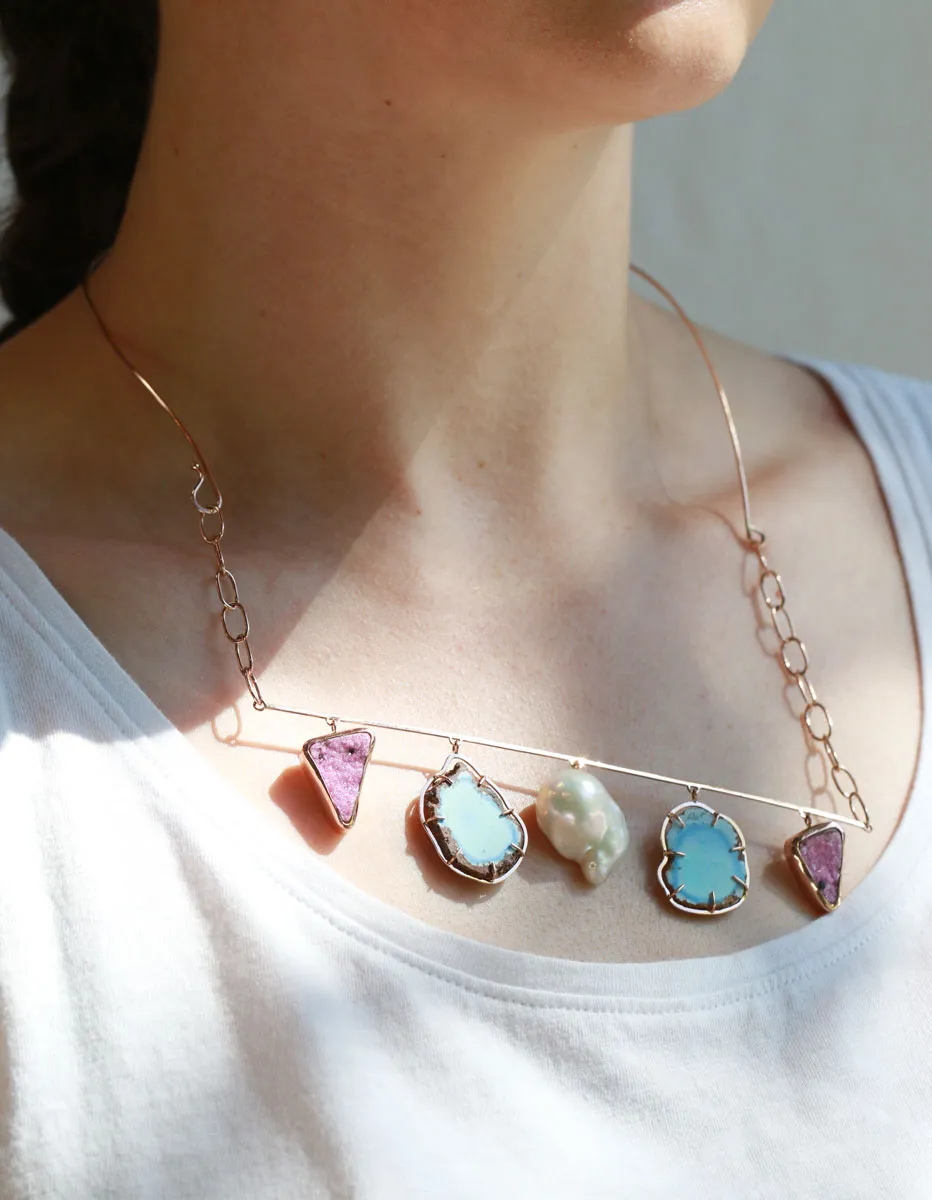 Mobile Collar Necklace with Cobalto calcite, Kazakhstani turquoise, and baroque pearl sold by Melissa Joy Manning product image thumbnail 2