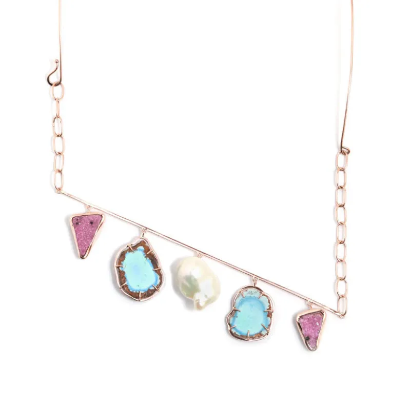 Mobile Collar Necklace with Cobalto calcite, Kazakhstani turquoise, and baroque pearl made by Melissa Joy Manning