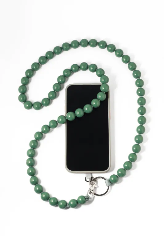 BIG Salvia Phone necklace with elastic band and threaded wooden beads sold by Melissa Joy Manning