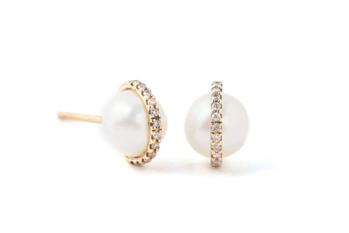 Micropave Bezel Wrapped Pearl Stud Earrings sold by Melissa Joy Manning