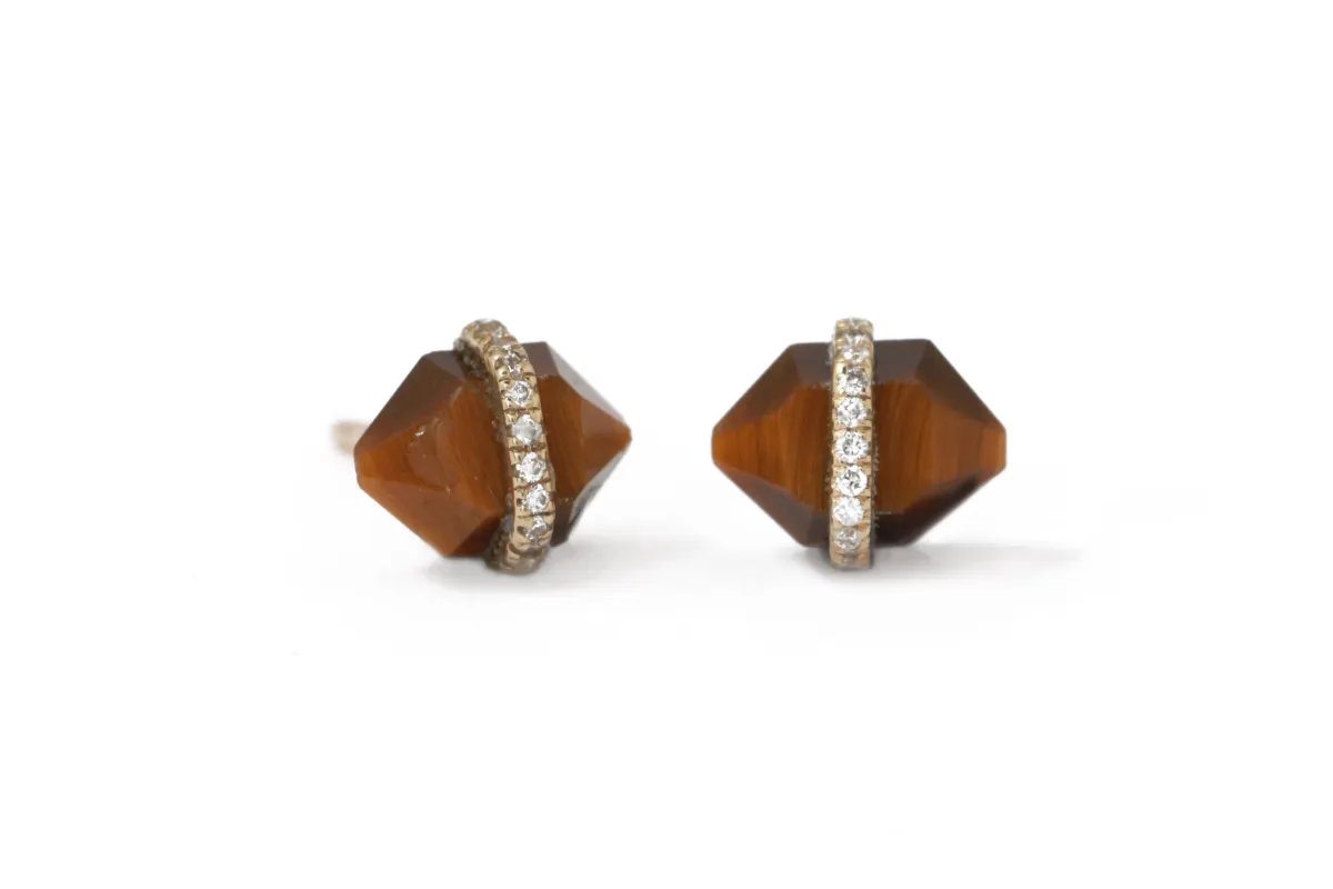 Diamond Wrapped  Herkimer Cut Tiger's Eye Stud Earrings sold by Melissa Joy Manning