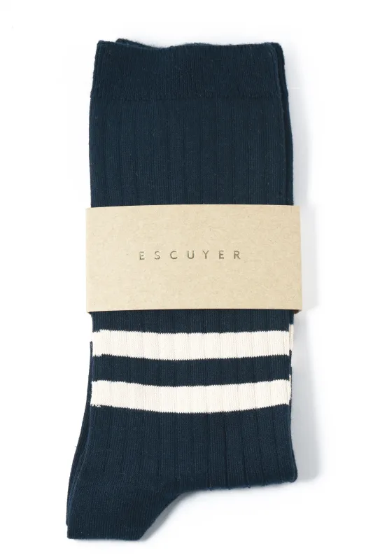 Blue/Ecru Stripe Socks by Escuyer sold by Melissa Joy Manning