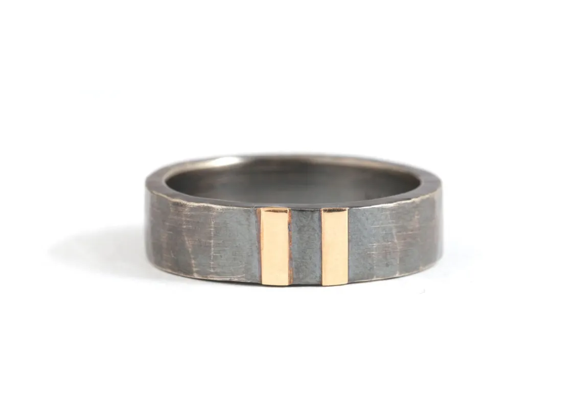 6mm Double Gold Stripe Hammered Oxidized Silver Band sold by Melissa Joy Manning