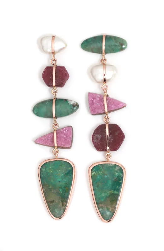 Five Drop Pearl, Ruby, Cobalto Calcite, and Chrysocolla Earrings sold by Melissa Joy Manning