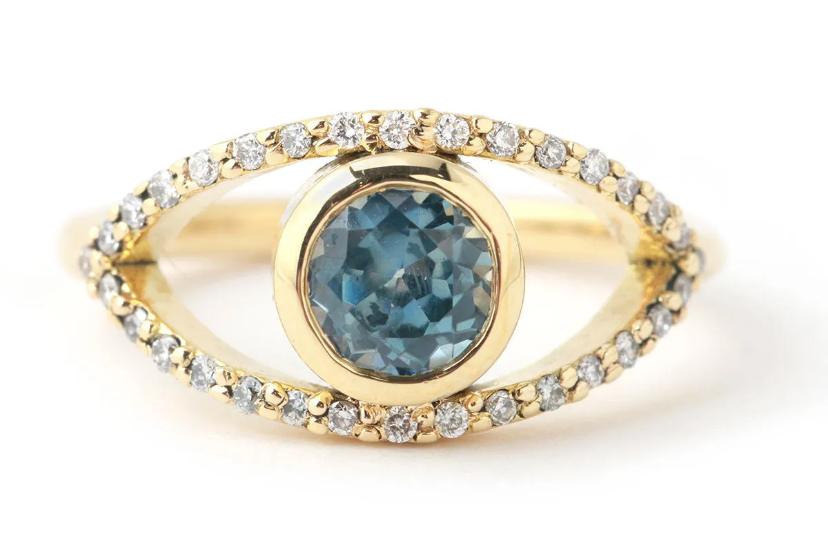 Round Blue Sapphire Eye Ring with Diamond Pavé sold by Melissa Joy Manning