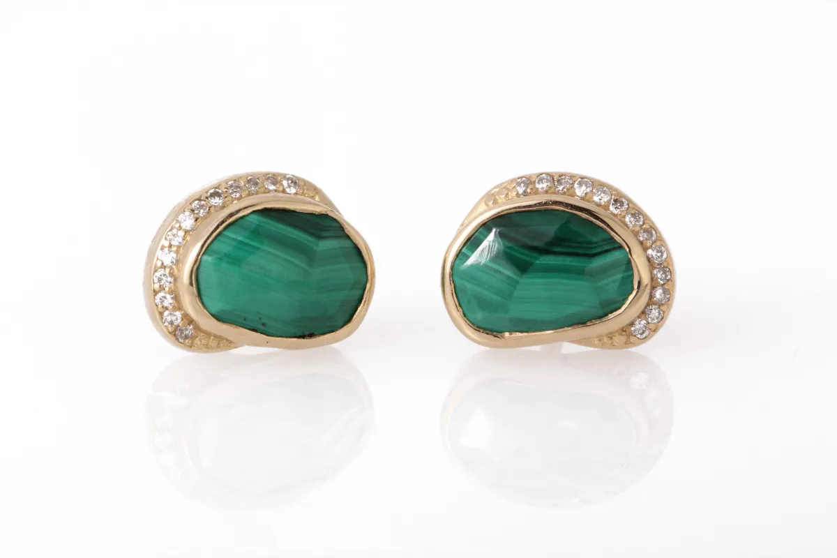 Malachite Diamond Crescent Moon Stud Earrings made by Melissa Joy Manning