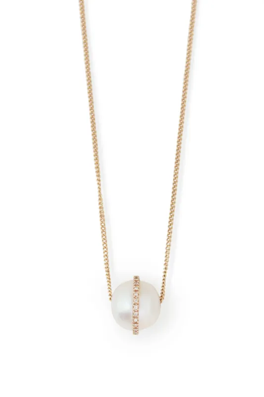 Floating Pearl Necklace with Diamond Bezel Wrap Detail made by Melissa Joy Manning