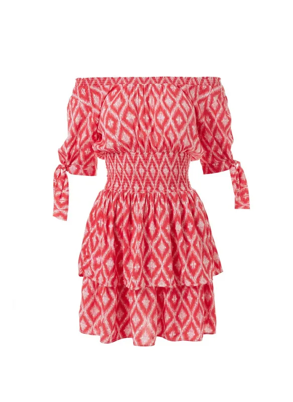 Camilla Red Ikat Off The Shoulder Short Dress made by Melissa Odabash