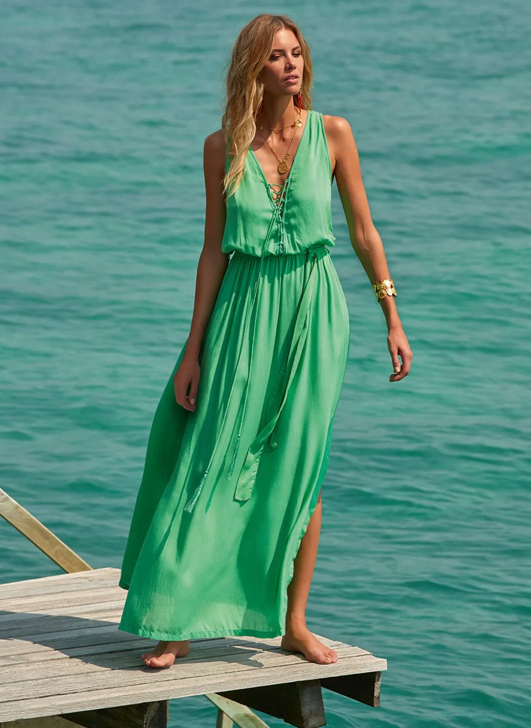 Jacquie Green Lace Up Belted Maxi Dress sold by Melissa Odabash product image thumbnail 2