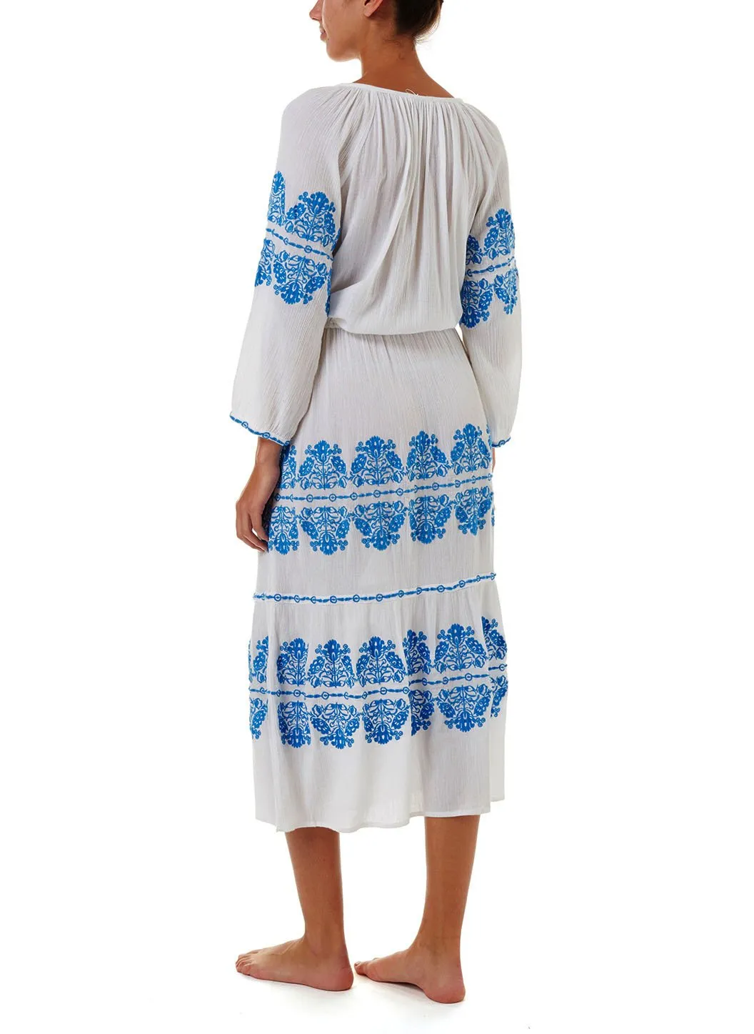 Lillie White/Blue Embroidered Long Sleeve Belted Midi Dress sold by Melissa Odabash product image thumbnail 4