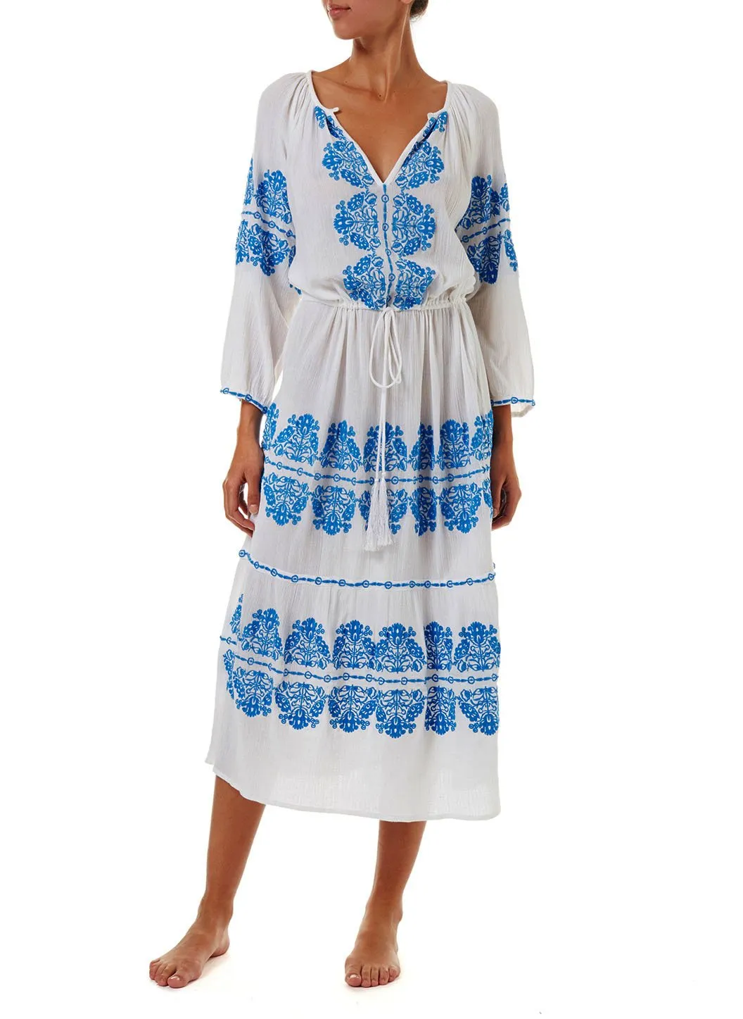 Lillie White/Blue Embroidered Long Sleeve Belted Midi Dress sold by Melissa Odabash product image thumbnail 3