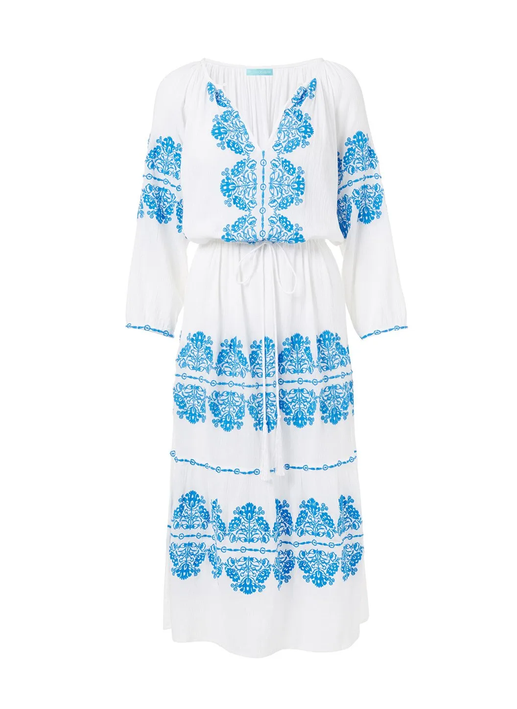 Lillie White/Blue Embroidered Long Sleeve Belted Midi Dress sold by Melissa Odabash