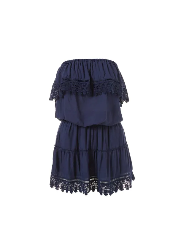 Joy Navy Bandeau Embroidered Frill Short Dress made by Melissa Odabash