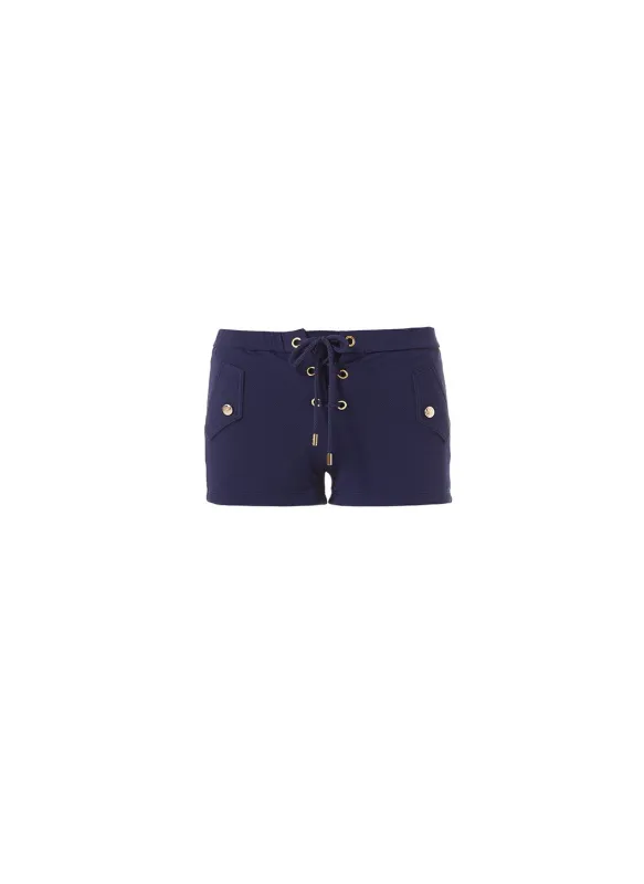 Sophia Navy Pique Lace-Up Eyelet Shorts made by Melissa Odabash