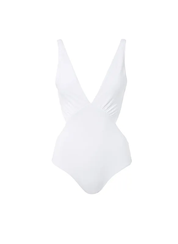 Delmar White Over The Shoulder V-Neck Cut Out Swimsuit made by Melissa Odabash
