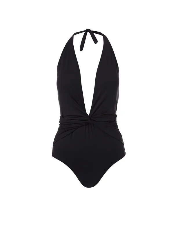 Tahiti Black Halterneck Plunge Ruched Swimsuit made by Melissa Odabash