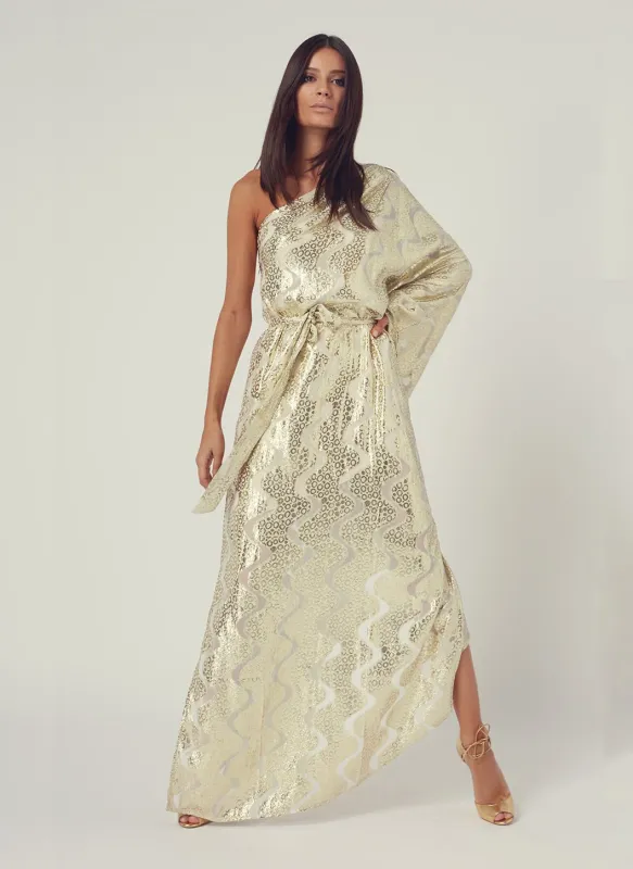 Look 6 One Sleeve Belted Maxi Dress Gold Shimmer made by Melissa Odabash