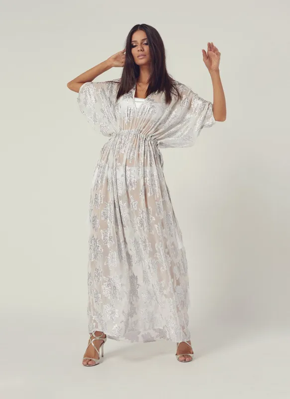 Look 16 Kimono Sleeve Maxi Dress Silver Flower made by Melissa Odabash