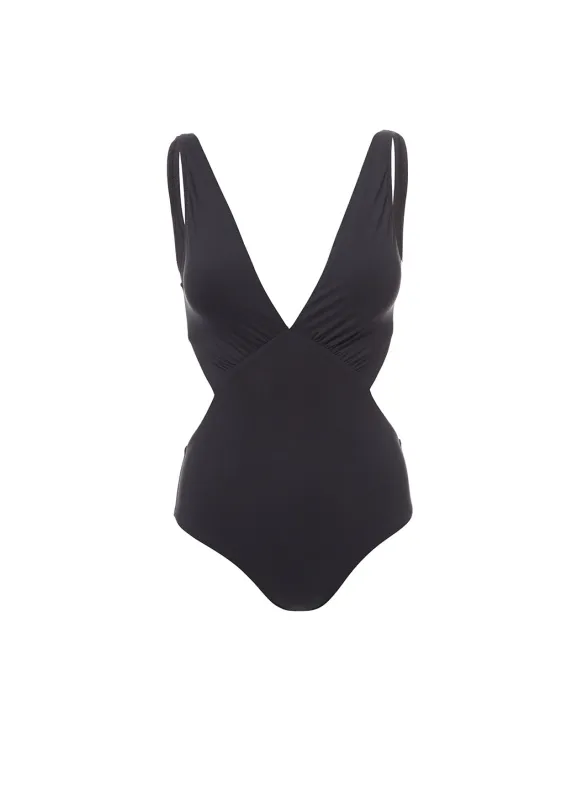 Delmar Black Over The Shoulder V-Neck Cut Out Swimsuit made by Melissa Odabash
