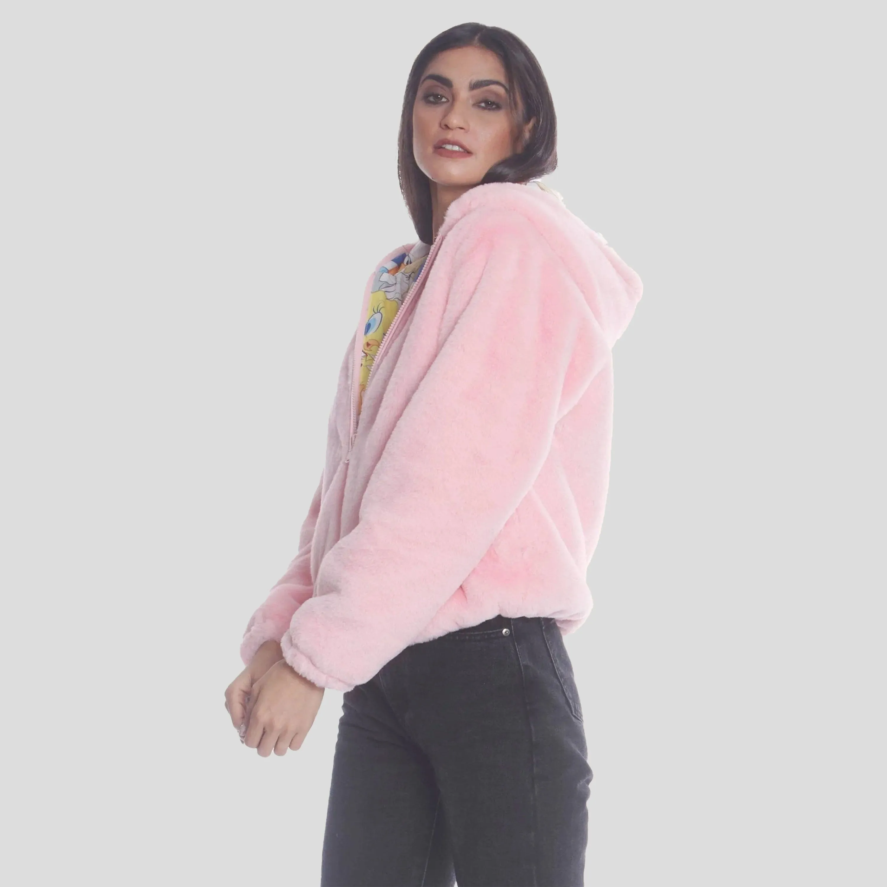 Womens Plush Faux Rabbit Fur Reversible Bomber Jacket with Looney Tunes Satin Mashup Print Lining - FINAL SALE sold by Members Only product image thumbnail 2