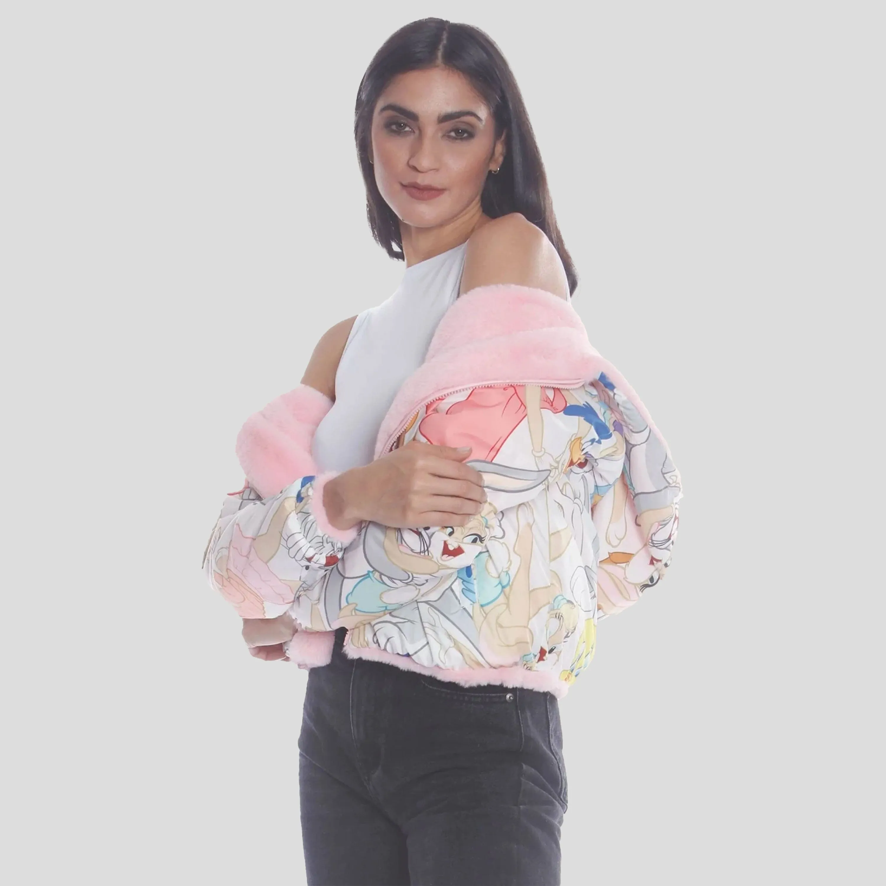 Womens Plush Faux Rabbit Fur Reversible Bomber Jacket with Looney Tunes Satin Mashup Print Lining - FINAL SALE sold by Members Only product image thumbnail 3