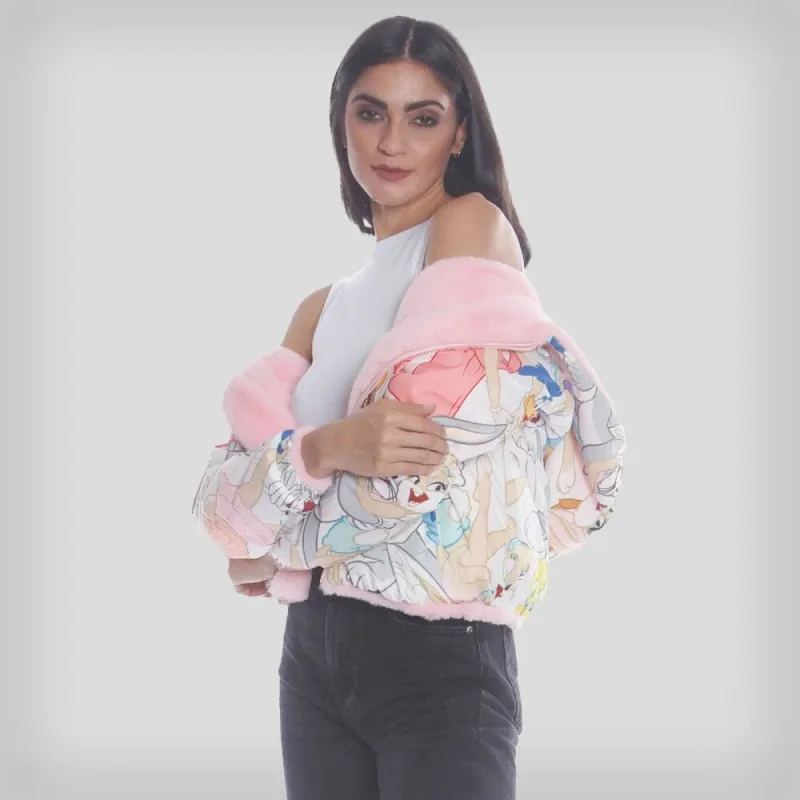 Womens Plush Faux Rabbit Fur Reversible Bomber Jacket with Looney Tunes Satin Mashup Print Lining - FINAL SALE sold by Members Only
