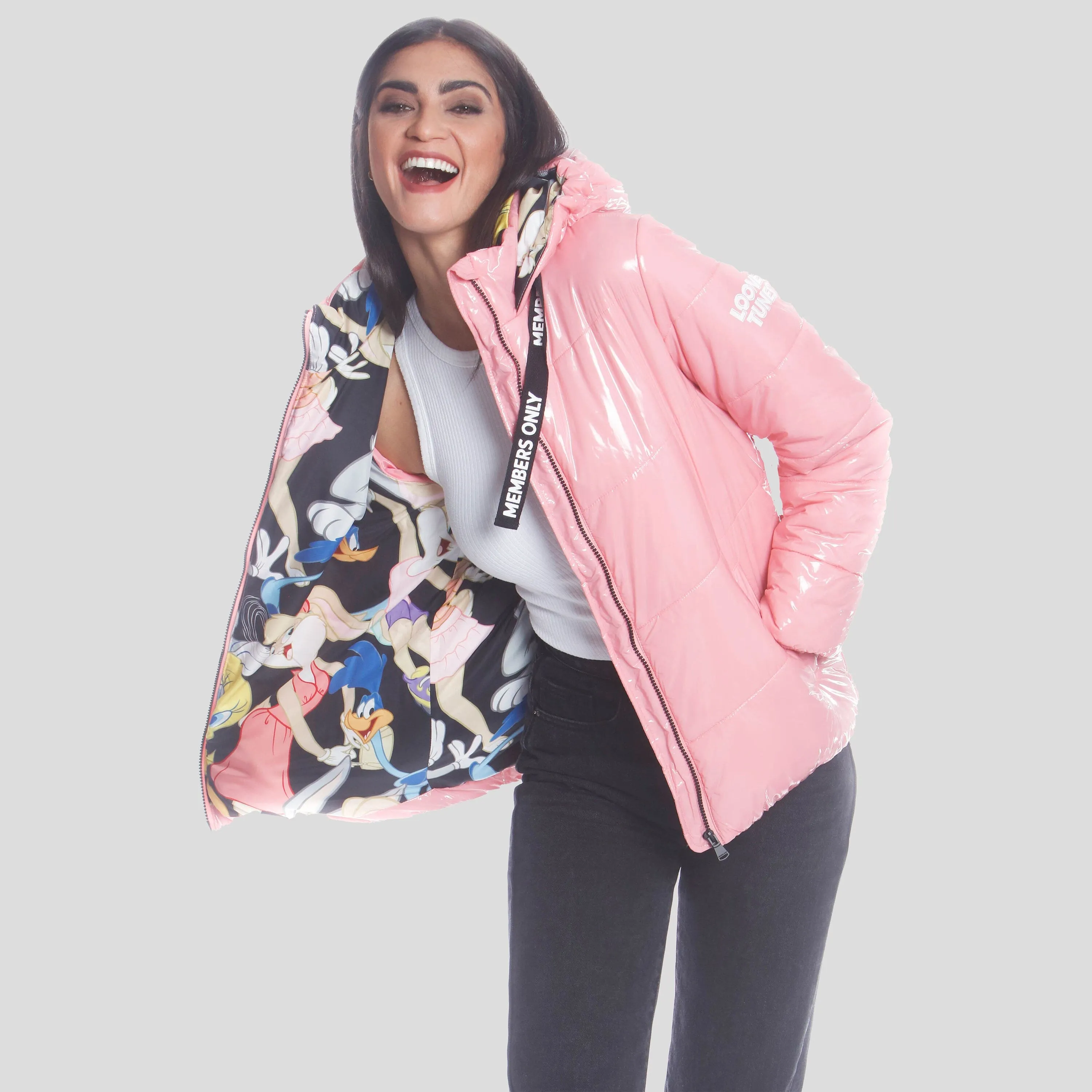 Women's Hi-Shine Chevron Quilt Puffer with Looney Tunes Mashup Print Lining - FINAL SALE sold by Members Only product image thumbnail 5