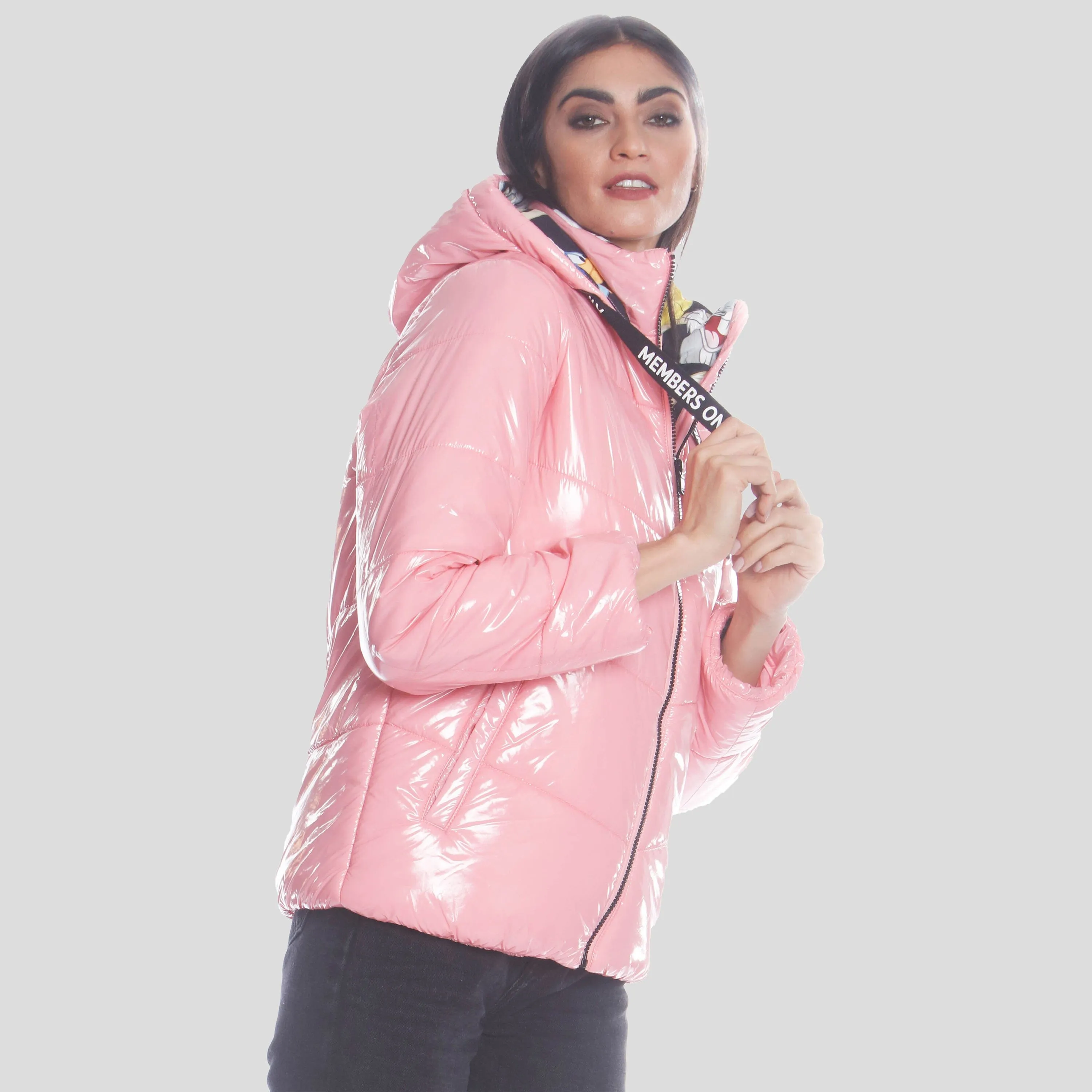 Women's Hi-Shine Chevron Quilt Puffer with Looney Tunes Mashup Print Lining - FINAL SALE sold by Members Only product image thumbnail 4