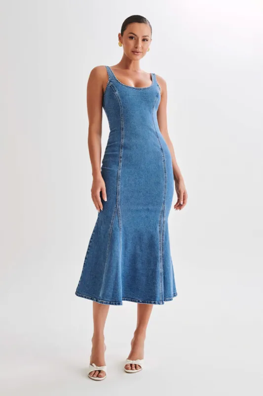 Milena Denim Midi Dress - 70's Blue sold by Meshki