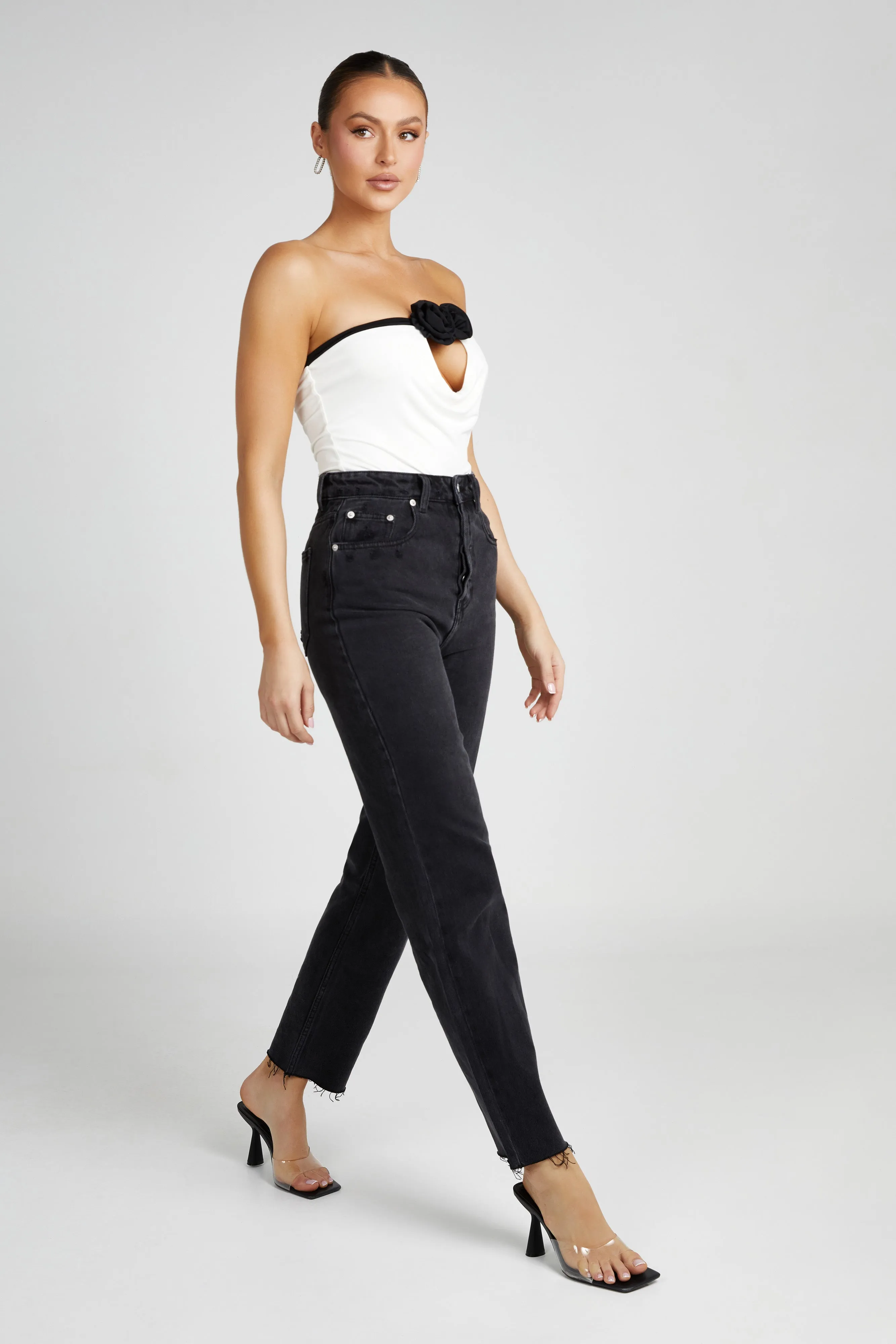 Megan Strapless Rose Top - Black/White sold by Meshki product image thumbnail 4