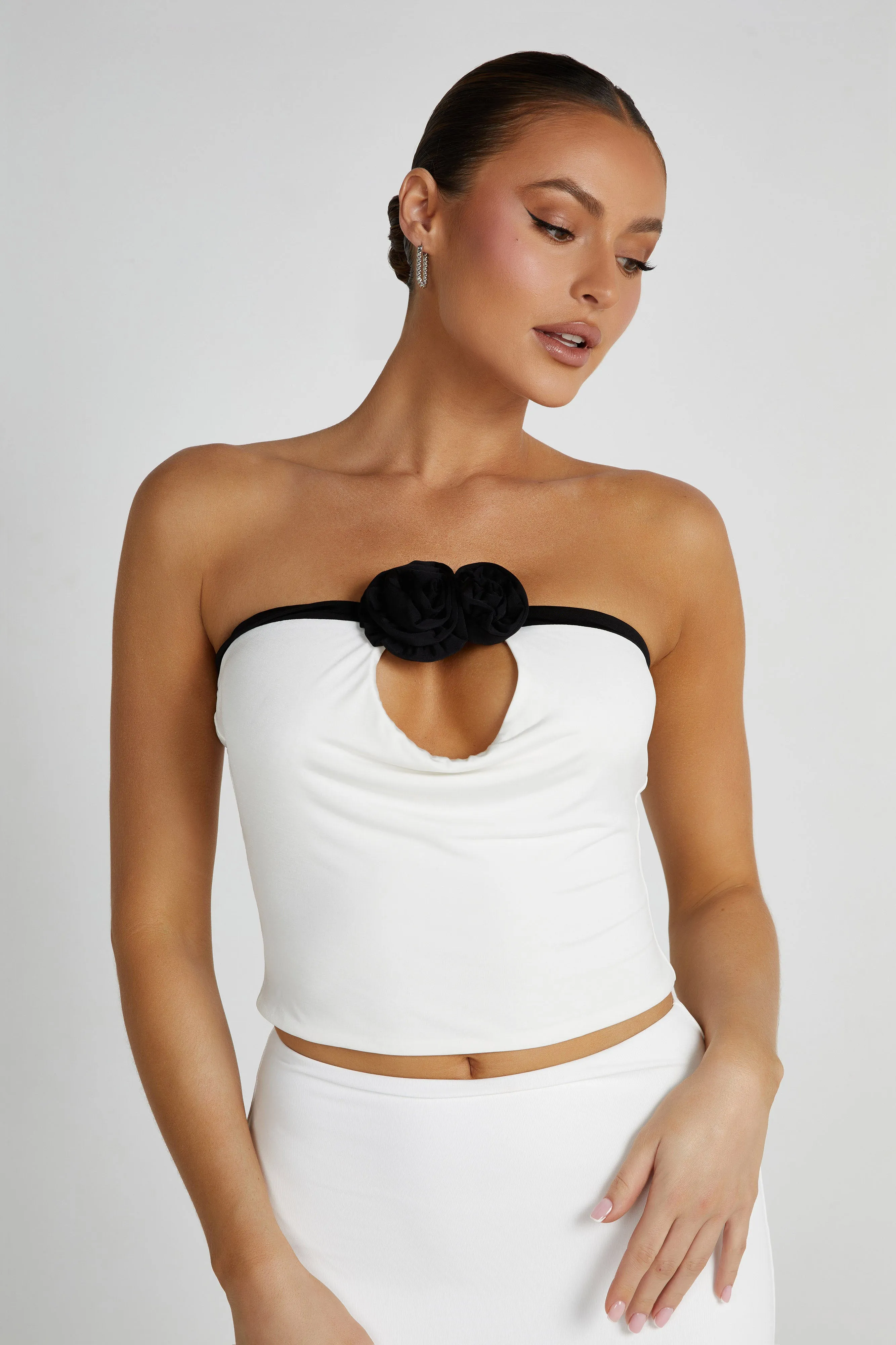 Megan Strapless Rose Top - Black/White sold by Meshki