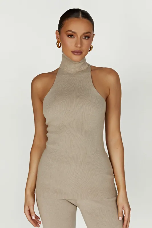 Kelsea Sleeveless Turtleneck Top - Taupe sold by Meshki
